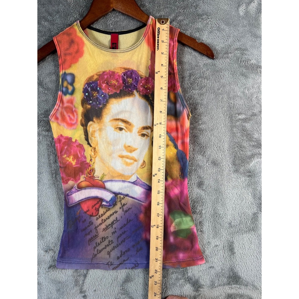 VINTAGE Just In Time Mesh Top Womens Large Frieda Khalo Graphic Embellished - Picture 5 of 12